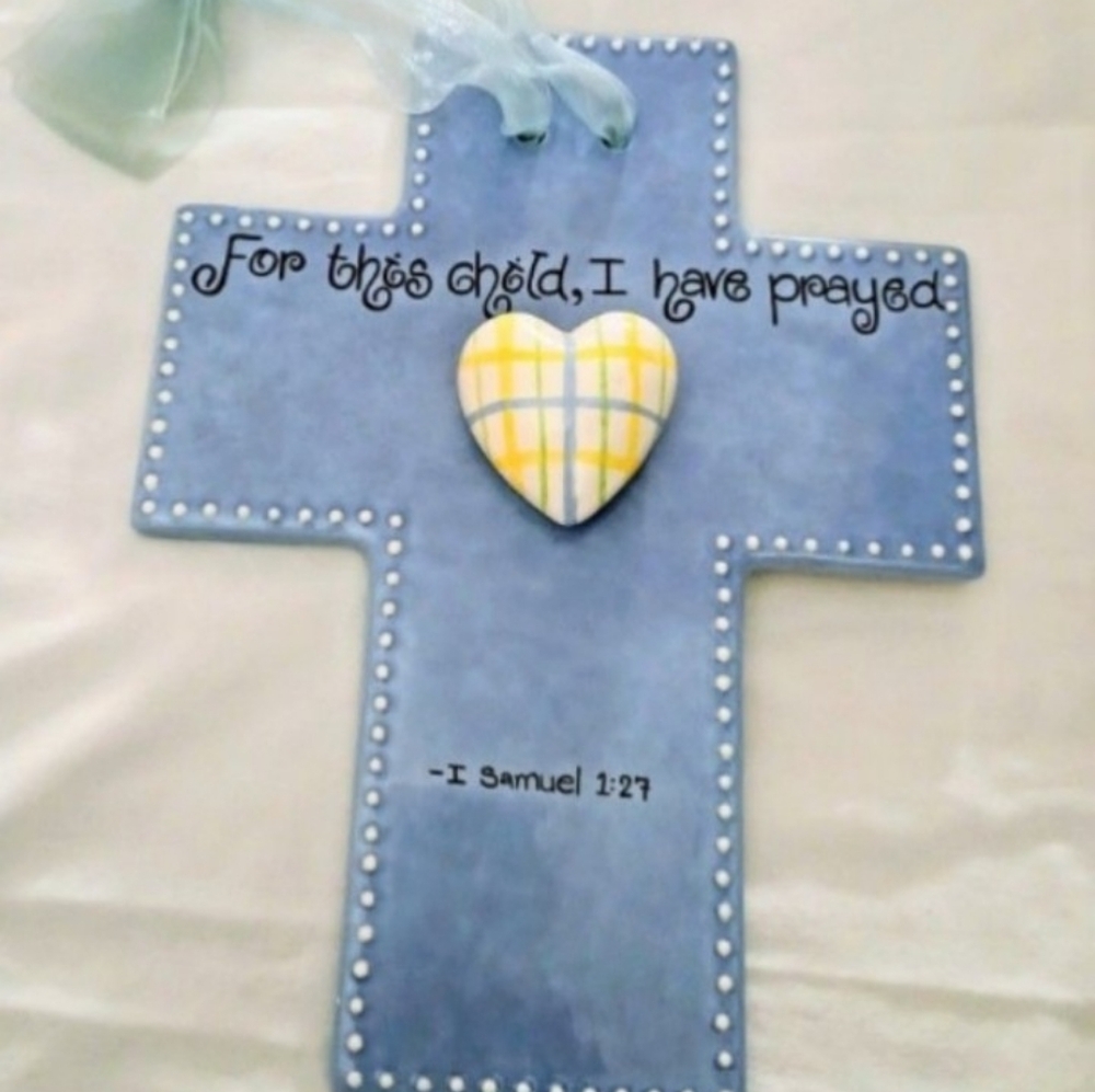 Blue Decorative Cross Wall Hanging with Yellow Plaid Heart